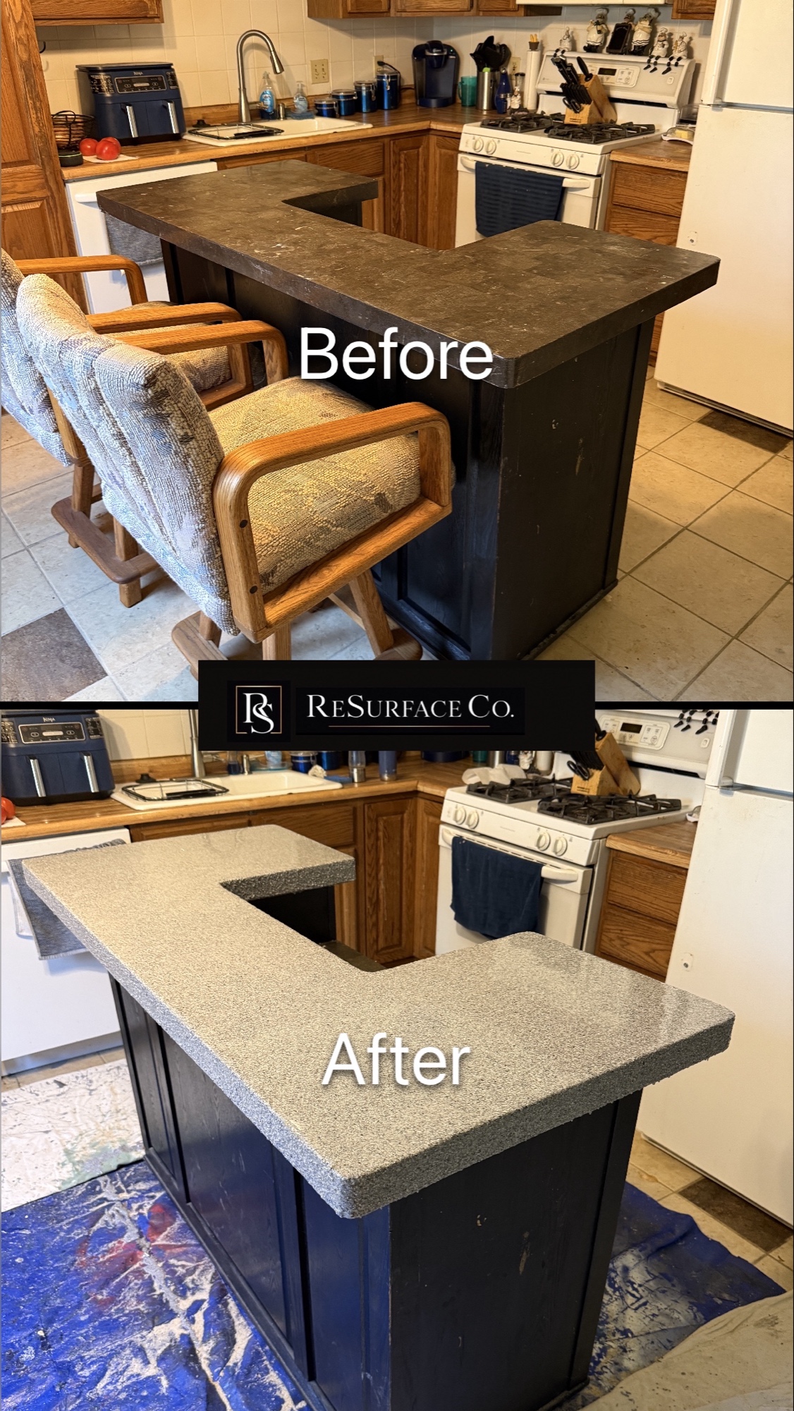 Surface One before and after — kitchen island countertop transformation