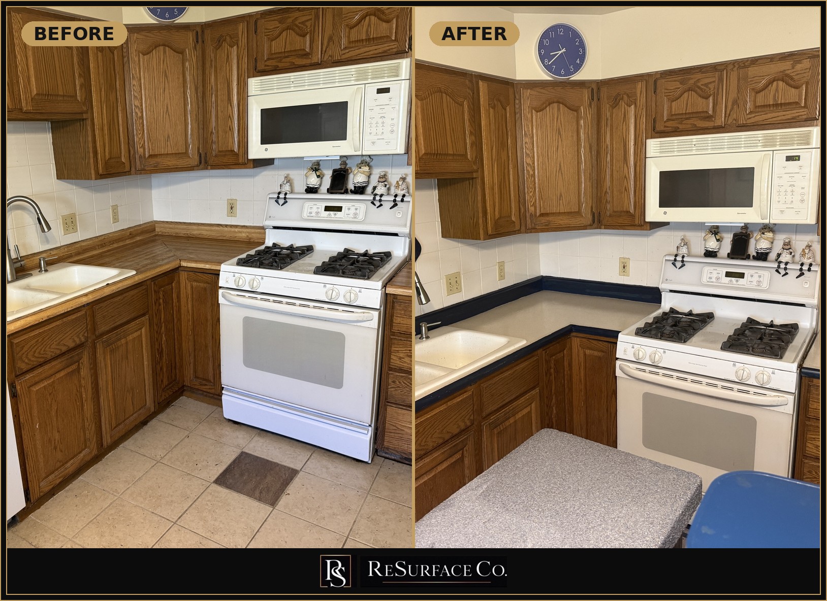 Before and after — kitchen counters refinished with Surface One in Carrara with navy trim