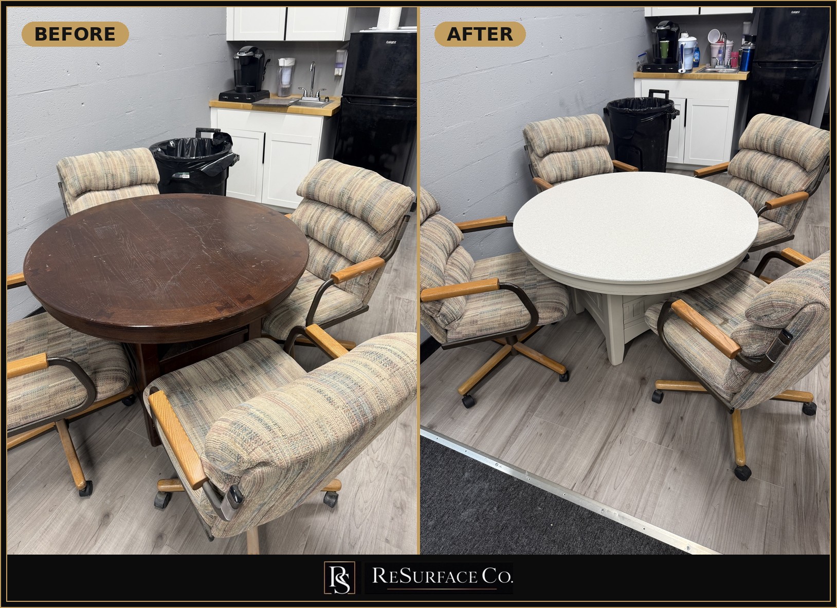 Before and after — round dining table refinished with Surface One in Carrara